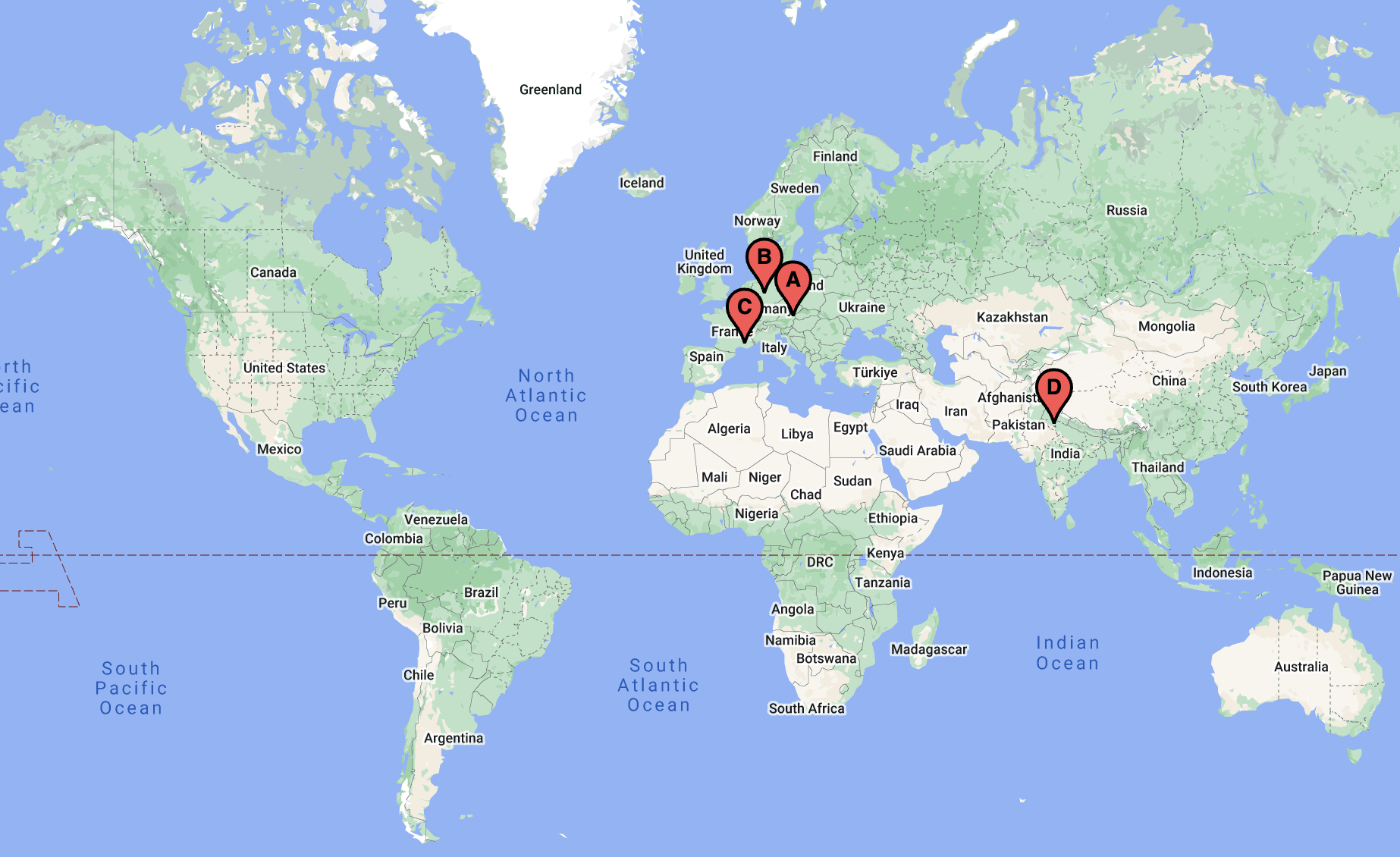 World map with locations of ASAB Hublets